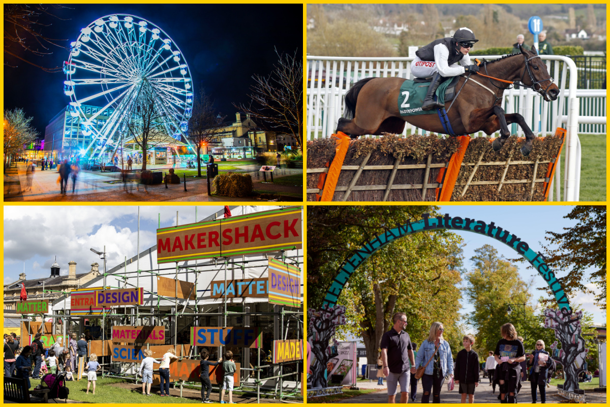 Cheltenham Observation Wheel, Jockey racing (Jockey Club image), Science Festival village, Literature Festival